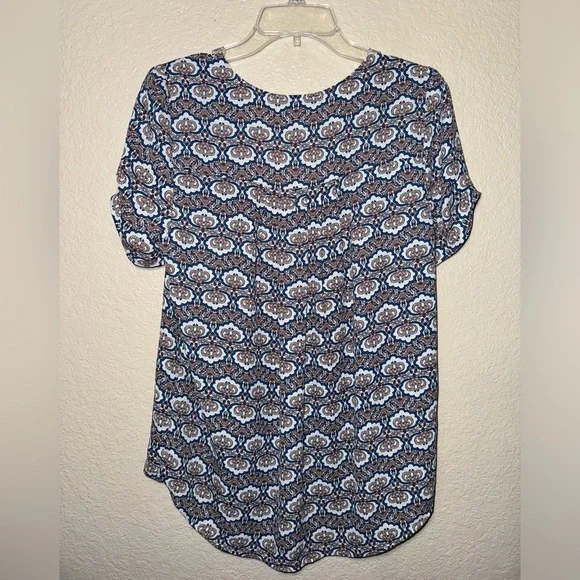 DR2 Women’s Medium Mosaic Print Cinched V-Neck Blouse Short Sleeve Top - Picture 6 of 12